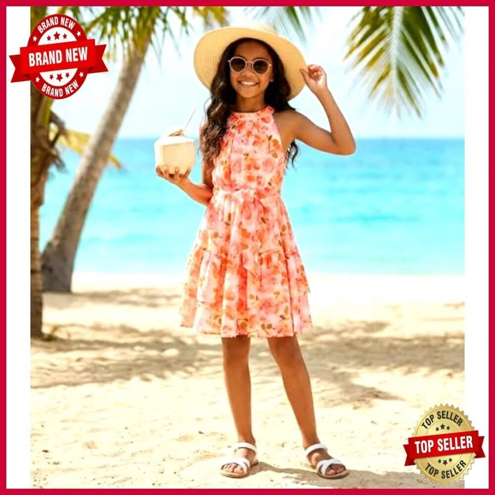 Floral Hawaiian Halter Sundress Chiffon Tiered Ruffle Party Beach Vacation